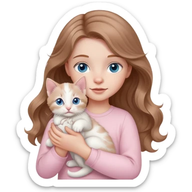 A little white girl with wavy light brown hair and blue eyes and pale pink clothes holds a white kitten sticker