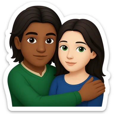 Edit the image in apple emoji style with no background. Change the man to have a darker skin tone, short hair, and brown eyes. Keep the woman with long dark hair and green eyes. Depict a young Métis man and young white woman cuddling, love theme. sticker