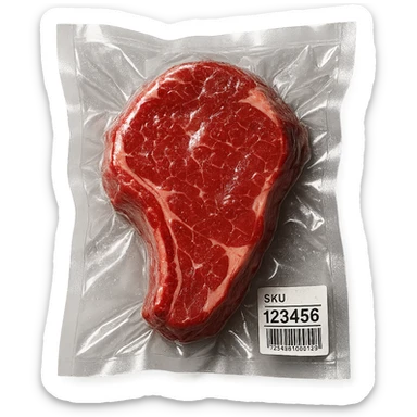 steak with sparkling highlights, glossy and inflated, vacuum-sealed style sticker