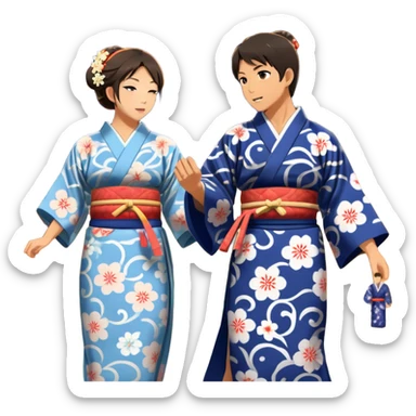 Cinematic Realistic scene of two performers engaging in Bon Odori, dressed in traditional yukata with intricate summer patterns, captured in graceful, rhythmic motion with warm, festive lighting sticker