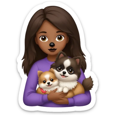 A brunette girl holding a Pomeranian dog who has black face but in the middle it’s white line sticker