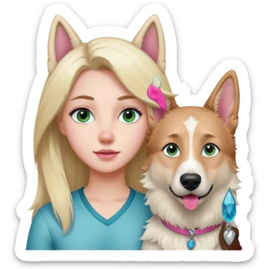 White European young woman with blue-green eyes and long blond hair with her white German Shepherd dog,the Dog hast a pink nose and short fur  ans Brown eyes sticker