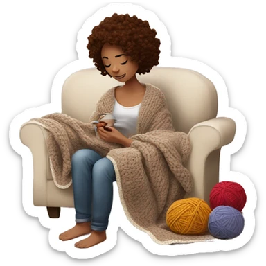 26 year old white woman with brown wavy hair. She is crocheting a garment with a crochet hook and ball of yarn is near her. She is laying on the couch under a blanket. Near her there is a cup of tea sticker