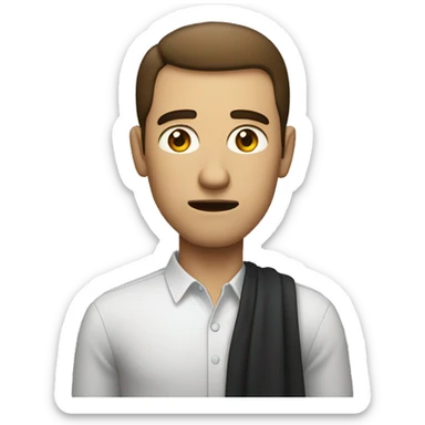  a slim man standing with a slightly tense posture. The man has a worried expression with slightly raised eyebrows, small eyes, and a slight frown.  sticker