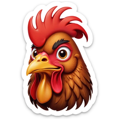 Cinematic Comical Brown Rooster Portrait Emoji, Head tilted dramatically with an exaggeratedly amused expression, featuring a striking, glossy brown plumage with a bold red comb, wide, expressive warm eyes filled with playful disbelief, Simplified yet hilariously expressive features, highly detailed, glowing with a slightly sassy glow, high shine, dramatic yet playful, stylized with an air of cheeky mischief, bright and endearing, soft glowing outline, capturing the essence of a spirited and over-the-top rooster, so meme-worthy it feels like it could crow its way into internet fame instantly! sticker