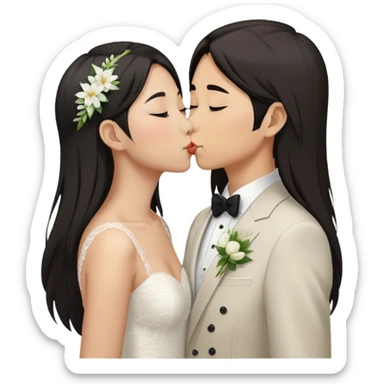 Asian lesbian couple at wedding and kissing. One of them has long hair and the other has super short hair sticker