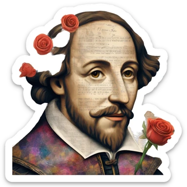Shakespeare person made of newspaper cuttings wearing flowers, stained glass, fairy lights, bokeh, annotated sketch, handwritten letters, collage of intricate patterns, roses flowers sticker
