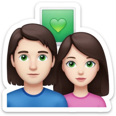 pink polaroid photo of a couple thats white with long brunette hair blue eyes and a white guy with short brunette hair and green eyes sticker