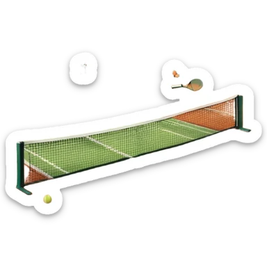 A tennis court at the Roland Garros tournament, with the iconic clay surface and a tennis ball bouncing near the net. The scene evokes the energy and excitement of the grand event, with vibrant crowds in the stands and a competitive atmosphere. sticker