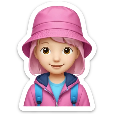 Little student wears pink bucket hat and jacket, backpack, happy sticker