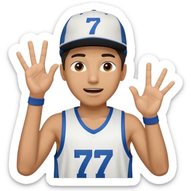 Maverick Trevillian in the crowd at an amateur basketball game. He leans towards the camera and enthusiastically shouts "six seven while performing a distinctive hand gesture: both hands open, palms facing upward, moving up and down as if weighing two options. sticker