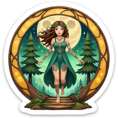 forest mystic woman long wavy brown hair tattoos stepping through small moon portal sticker