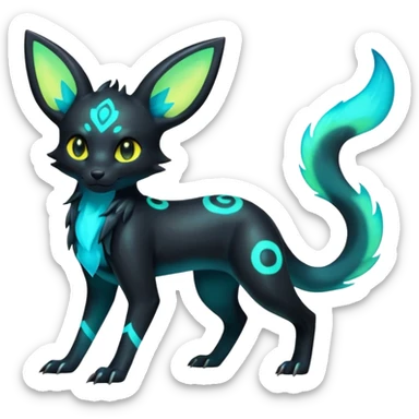 Shiny Ethereal Eldritch Cool Edgy Badass Punky Aural Iridescent Fluorescent Bioluminescent Umbreon-Amaura-Salandit-Litten-Fakémon-fusion (full body) sticker