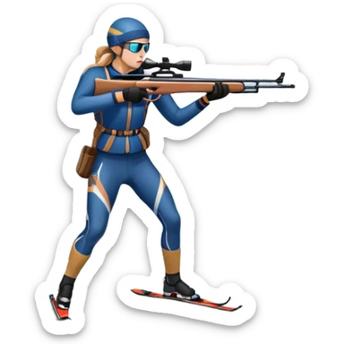 An icon showing a snowy landscape with pine trees, mountains and a clear sky with a biathlete aiming a rifle in the foreground, wearing winter gear and skis. Transparent background emphasizes the precision, endurance, and beauty of this winter sport. sticker