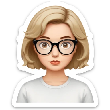 white woman in 50s, light warm skin, short messy bob with some waves, medium brown hair, big black thick glasses, white t-shirt, focused and serene look sticker