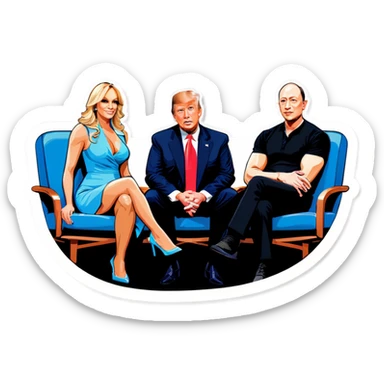 Four people, Trump, Stormy Daniels, Musk, and Bezos, side-by-side, sit sticker