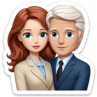 Barbie girl  , eyes blue , Chestnut red long wavy hair In pale beige clothes, Hugs a man with dark white hair short haircut, brown eyes , and a black suit sticker