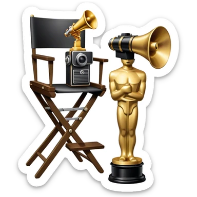Professional icon for Directing: a collage featuring a director's chair, a film camera, a megaphone and an Oscar trophy. The icon should represent the craft and creativity of film directing, with emphasis on leadership and cinematic artistry. Transparent background. sticker