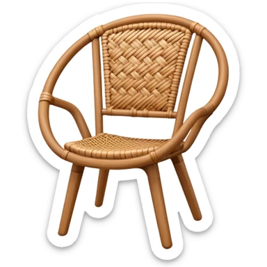 A 3D cartoon wooden chair with woven rattan seat, clean composition, bright background, Memoji-style rendering. sticker