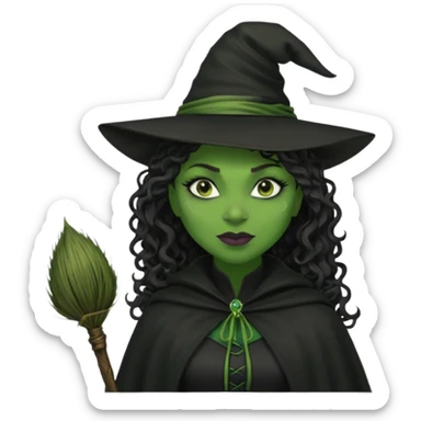 elphaba wicked witch with broom close up, evil dark curly long dark hair, green skin, thick green lips, cheekbones, smirk evil menacing cythia erivo dark aesthetic black hat cloak black broom sticker