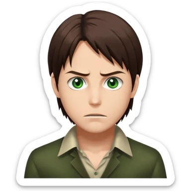 “Create an avatar that looks like Eren Yeager from Attack on Titan, Season 4 — sharp jawline, tied-back long brown hair, intense green eyes. No expression.  sticker