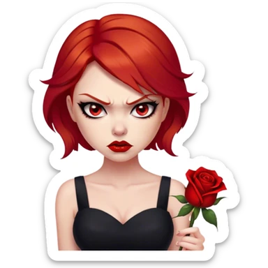 a beautiful very angry woman with red hair and red eyes. The woman wear a black little cutted dress. She have red lipstick and she have a seductive look. She have a rose flower in her hair. Angry face sticker