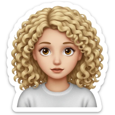a dirty blonde girl with brown eyes and make her wearing a white sweater with curly hair and white skin color, long hair and big lashes sticker