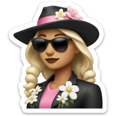  woman wearing a black hat adorned with a white flower and smaller decorative flowers. She is also wearing black sunglasses and a shiny pink jacket over a black top. She appears in a side profile pose , her head slightly tilted back. White skin sticker