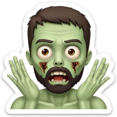 shocked zombie with hands on face, dark brown hair and short full beard sticker
