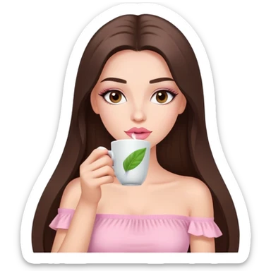 exotic pale girl, very full lips, long straight brunette hair, long lashes, pastel pink tube top, sipping tea  sticker