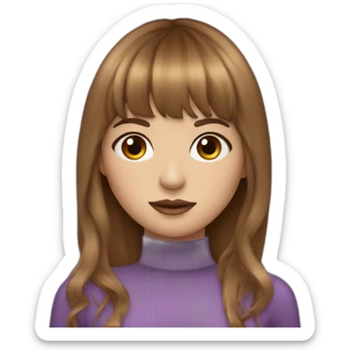 long brown hair skinny girl with curtain bangs, thin face and makeup from head to chest sticker