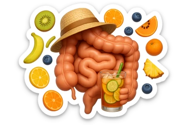 EMOJI STILE IPHONE DI INTESTINO UMANO REALISTICO CON CAPPELLO DI PAGLIA DA SPIAGGIA CHE BEVE UN Tè FREDDO IN BICCHIERE DI VETRO CON DENTRO  fette di cetriolo, limone, lime, DIETRO L'INTESTINO FLUTTUANO PEZZETTI DI Kiwi
Banana acerba
Arance e mandarini
Mirtilli
Ananas
Papaya
IPERREALISTICO 4K sticker
