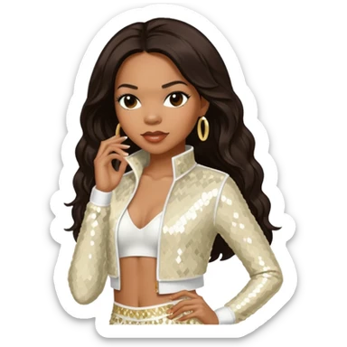 Tenitra Michelle Williams (b.1979), R&B Singer from Destiny's Child with long dark brown hair, ivory sequin outfit, medium dark skin sticker