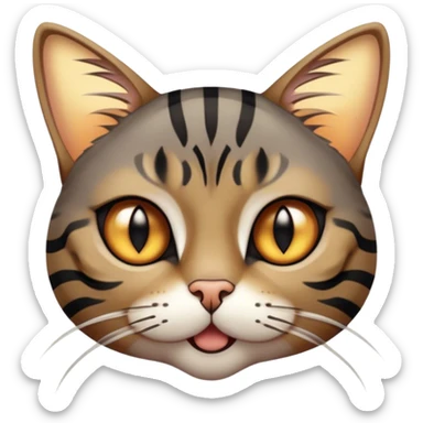 Cinematic Comical Grey and Black Brown Tabby Cat Portrait Emoji, Head tilted dramatically with an exaggeratedly shocked or offended expression, sleek grey-brown fur with bold black tabby stripes, wide amber eyes filled with exaggerated disbelief, Simplified yet hilariously expressive features, highly detailed, glowing with a slightly sassy glow, high shine, dramatic yet playful, stylized with an air of attitude, bright and endearing, soft glowing outline, capturing the essence of a sassy and over-the-top feline, so meme-worthy it feels like it could side-eye its way into internet fame instantly! sticker