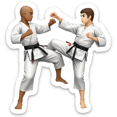 An icon symbolizing traditional Karate, featuring two opponents in a fierce battle. One fighter is delivering a high kick, while the other blocks the attack with a strong defense. The background reflects the calm yet intense atmosphere of a dojo, with traditional elements. Transparent background  sticker