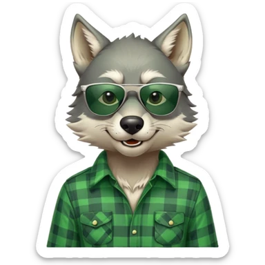 head and shoulders friendly anthropomorphised wolf in green plaid shirt and green attire for St. Patrick's Day, wearing dark sunglasses, upright pose sticker