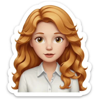 white adult woman with strawberry blonde super long wavy hair, white shirt, blushed cheeks sticker
