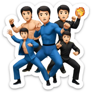 Icon for Action Movies: Collage of Arnold Schwarzenegger, Sylvester Stallone, Bruce Lee, and Jackie Chan in iconic action poses, surrounded by explosions, weapons, and martial arts moves. The design should capture the high-energy, dynamic nature of their films. Transparent background. sticker