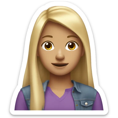 12 years old girl with blond hair and long hair with bang, with a purple shirt and jean sand light skin sticker