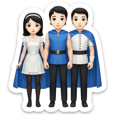 Prince with crown, blue cape and trousers, body and legs, black hair, blue eyes and maid, blonde hair, green eyes, sexy white short sleveless dress,  sticker