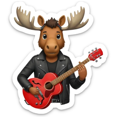 A man with a moose head in alaska pointing a red guitar directly up in the air. Make the graphics gritty and realistic like the moose man is a villian in a high budget batman movie. sticker