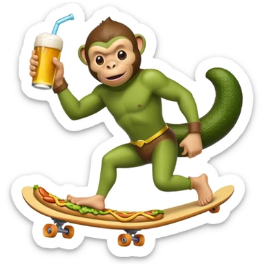 Avocado superhero eating a hotdog while skateboarding with a monkey named Steve playing Fortnite while showering in beer sticker