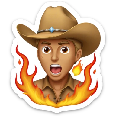 angry country music guy screaming wearing a cowboy hat mixed a heavy metal guy with flames coming out the back sticker