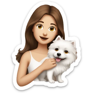 beautiful girl with brown hair with her cream-white spitz dog sticker