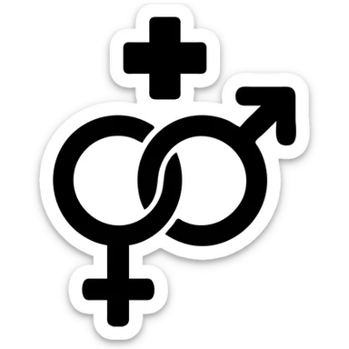 Interlocking gender symbols with subtle medical cross, representing sexual health clinic sticker