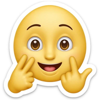 cute, playful emoji character inspired by the 🙃 upside-down face style. Rounded yellow face, big expressive eyes, cheerful smile with mouth slightly open. One hand raised with a finger gently touching the inside of the mouth in a thinking / cheeky gesture (not sexual). sticker