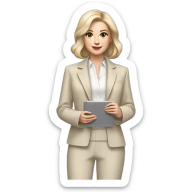 pale skin woman with ash blonde Straightened bob Hair, White Spacious classical jacket, beige palazzo Arrow pants and gray blouse holding a MacBook in the hands sticker