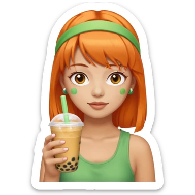 Create an emoji of a woman with orange hair, bangs, and a green headband, holding a cup of bubble tea. sticker
