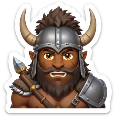 Clash of Clans style: Cinematic Fierce Barbarian Portrait Emoji, Poised and bold with a rugged, cartoonish build in tattered furs and a whimsical horned helmet, bright expressive eyes and a confident smirk, Simplified yet dynamic features, highly detailed, glowing with a vivid, adventurous aura, high shine, heroic and spirited, stylized with an air of medieval warrior charm, focused and energetic, soft glowing outline, capturing the essence of a fearless barbarian adventurer ready to lead his clan with spirited valor! sticker