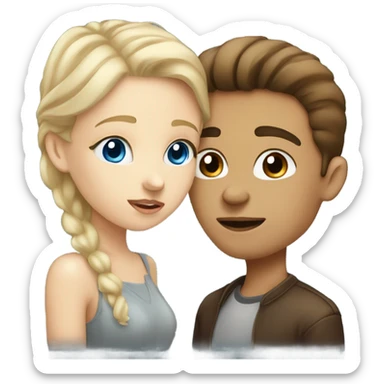 Blonde girl with blue eyes kissing a brunette boy with brown eyes sticker